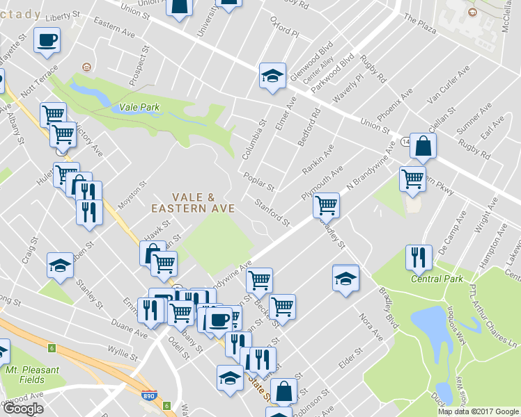map of restaurants, bars, coffee shops, grocery stores, and more near 1334 Stanford Street in Schenectady