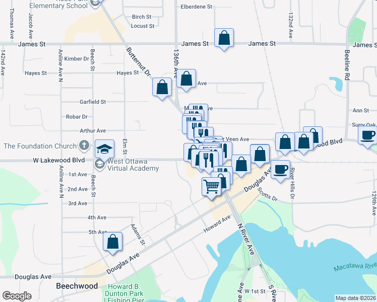 map of restaurants, bars, coffee shops, grocery stores, and more near 184 Florence Street in Holland