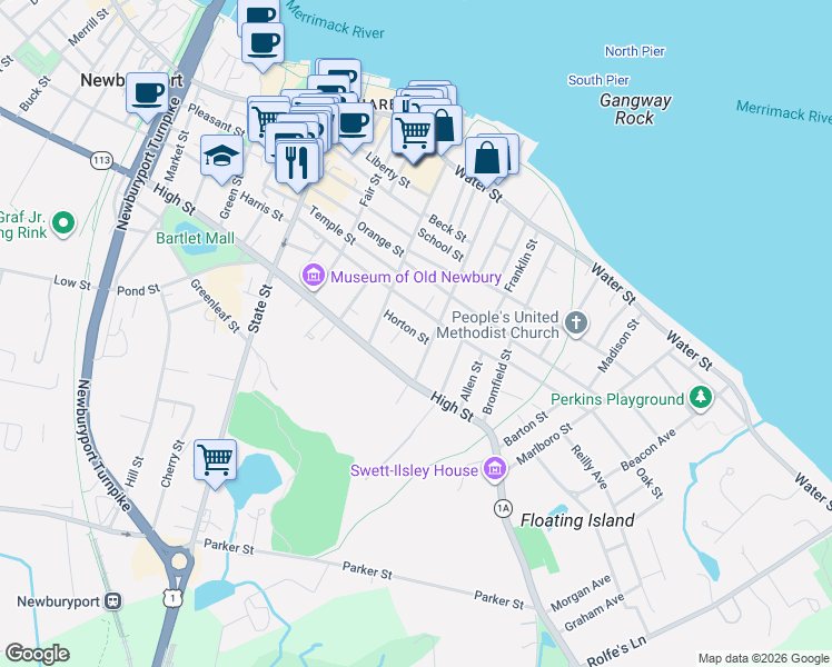 map of restaurants, bars, coffee shops, grocery stores, and more near 4 Lime Street in Newburyport