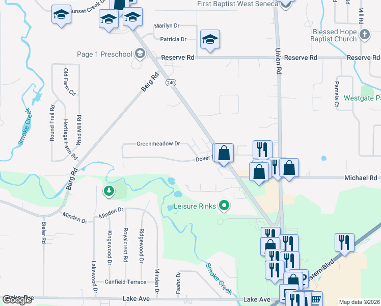 map of restaurants, bars, coffee shops, grocery stores, and more near 228 Greenmeadow Drive in Buffalo
