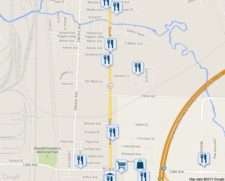 map of restaurants, bars, coffee shops, grocery stores, and more near 3470 South Park Avenue in Buffalo
