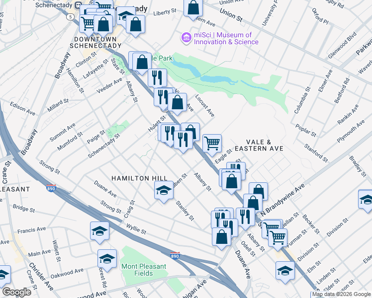 map of restaurants, bars, coffee shops, grocery stores, and more near 21 Martin Street in Schenectady
