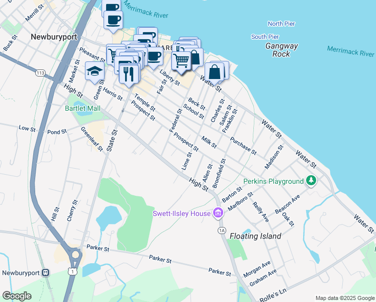 map of restaurants, bars, coffee shops, grocery stores, and more near 80 Lime Street in Newburyport