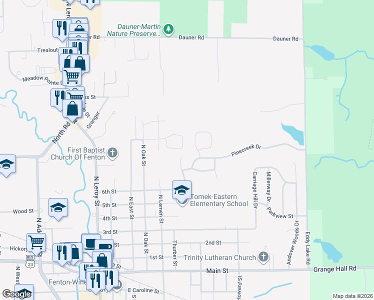 map of restaurants, bars, coffee shops, grocery stores, and more near 625 Cascade Avenue in Fenton