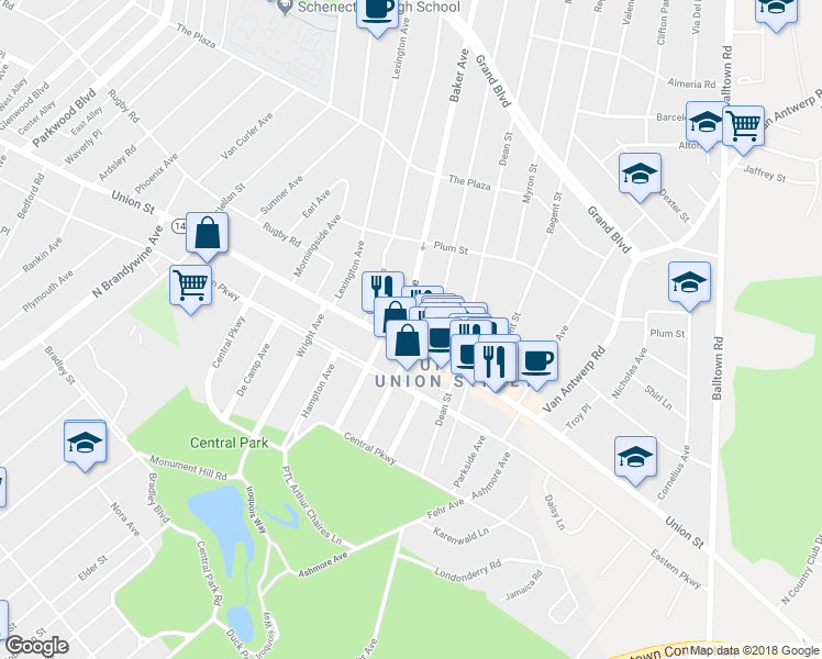 map of restaurants, bars, coffee shops, grocery stores, and more near 1004 Baker Avenue in Schenectady