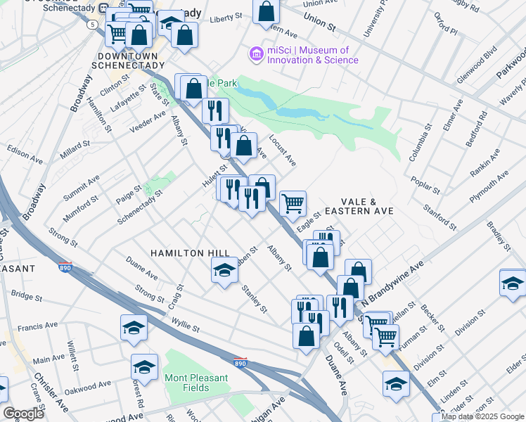 map of restaurants, bars, coffee shops, grocery stores, and more near 900 State Street in Schenectady