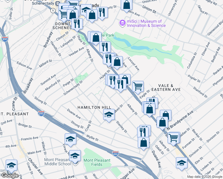 map of restaurants, bars, coffee shops, grocery stores, and more near 864 Albany Street in Schenectady