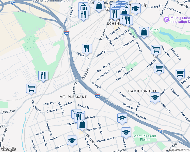 map of restaurants, bars, coffee shops, grocery stores, and more near 553 Summit Avenue in Schenectady