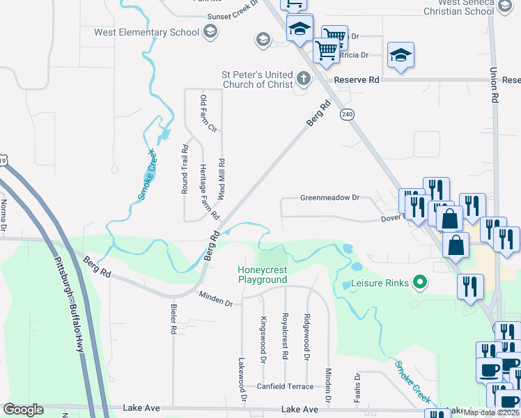 map of restaurants, bars, coffee shops, grocery stores, and more near 2255 Berg Road in Buffalo
