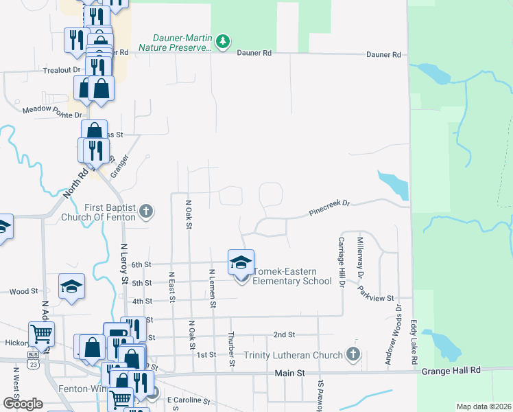 map of restaurants, bars, coffee shops, grocery stores, and more near 625 Cascade Avenue in Fenton
