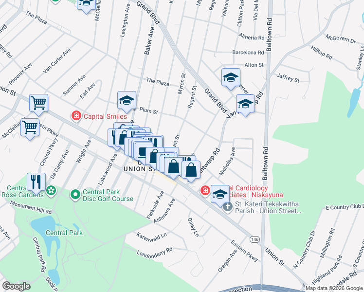 map of restaurants, bars, coffee shops, grocery stores, and more near 1054 Regent Street in Schenectady County