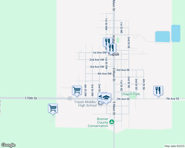 map of restaurants, bars, coffee shops, grocery stores, and more near 501 3rd Street Southwest in Tripoli
