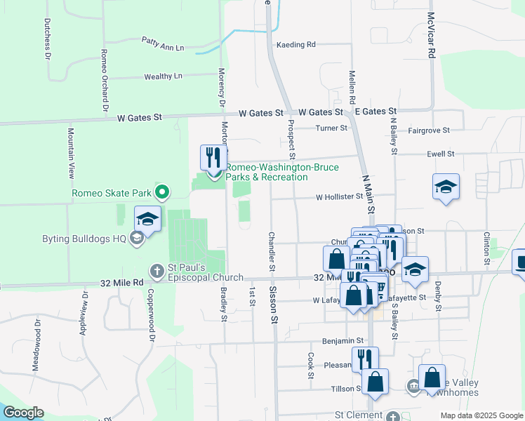 map of restaurants, bars, coffee shops, grocery stores, and more near 307 Chandler St in Romeo