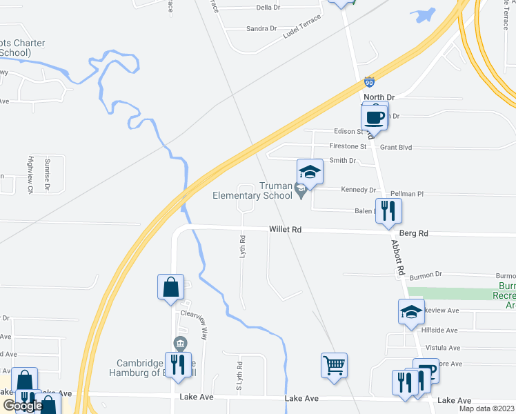 map of restaurants, bars, coffee shops, grocery stores, and more near 134 Circle Lane in Buffalo