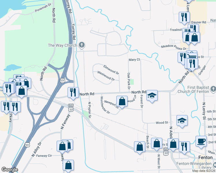 map of restaurants, bars, coffee shops, grocery stores, and more near 817 Southwood Drive in Fenton