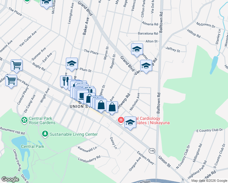 map of restaurants, bars, coffee shops, grocery stores, and more near 1079 Palmer Avenue in Schenectady County