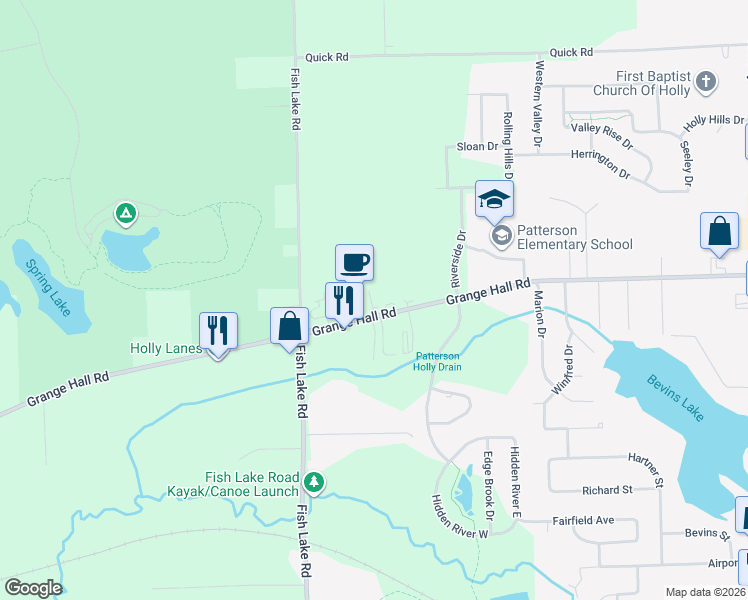 map of restaurants, bars, coffee shops, grocery stores, and more near 3075 Grange Hall Road in Holly