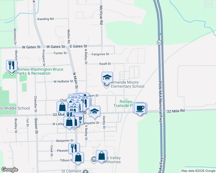 map of restaurants, bars, coffee shops, grocery stores, and more near 209 Dickenson Street in Romeo