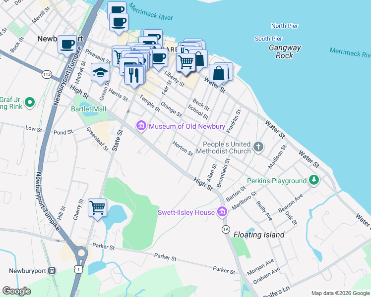 map of restaurants, bars, coffee shops, grocery stores, and more near 80 Lime Street in Newburyport