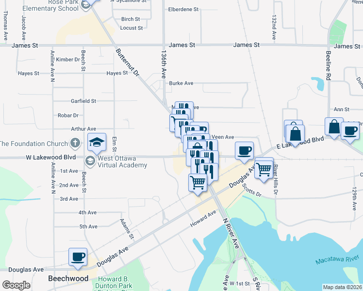 map of restaurants, bars, coffee shops, grocery stores, and more near 184 Florence Street in Holland