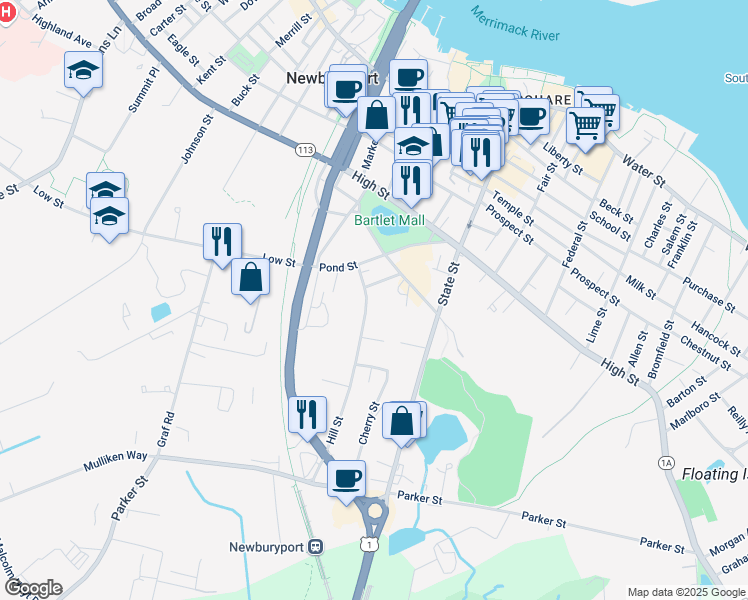 map of restaurants, bars, coffee shops, grocery stores, and more near 9 Hill Street in Newburyport