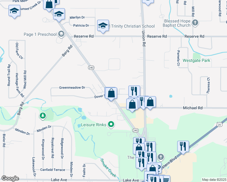 map of restaurants, bars, coffee shops, grocery stores, and more near 1720 Orchard Park Road in Buffalo