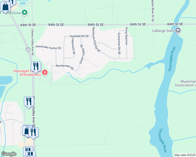 map of restaurants, bars, coffee shops, grocery stores, and more near 8480 Rainbows End Road Southeast in Caledonia