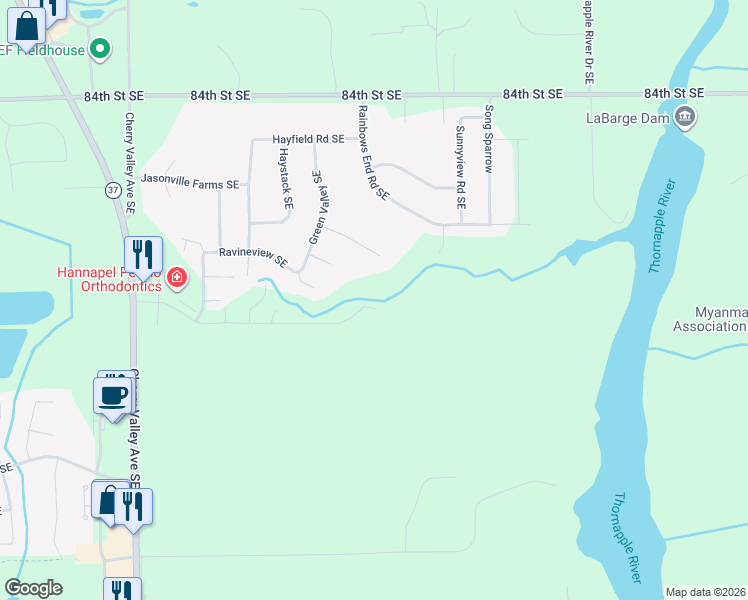 map of restaurants, bars, coffee shops, grocery stores, and more near 8480 Rainbows End Road Southeast in Caledonia