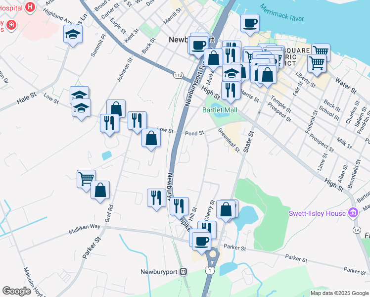 map of restaurants, bars, coffee shops, grocery stores, and more near 9 Cottage Court in Newburyport