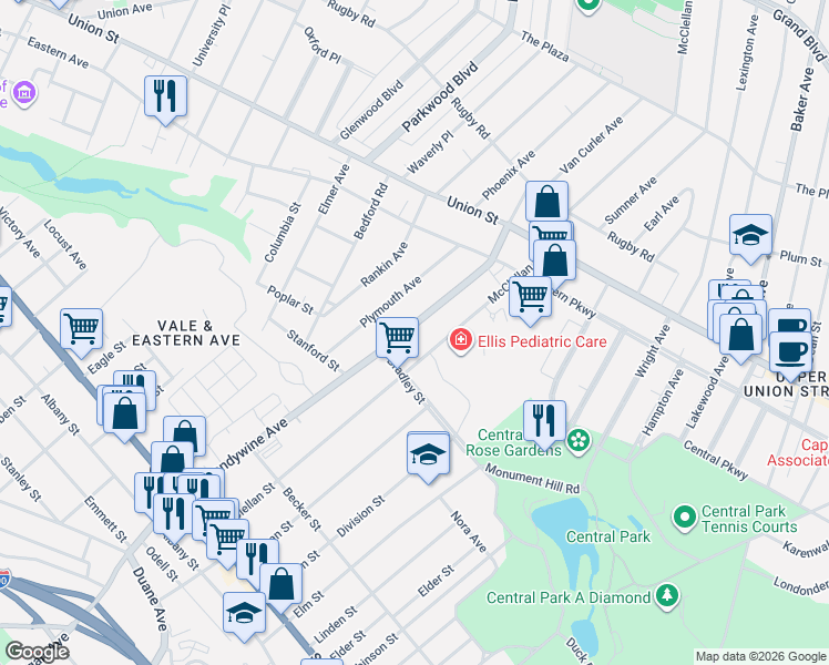 map of restaurants, bars, coffee shops, grocery stores, and more near 526 North Brandywine Avenue in Schenectady