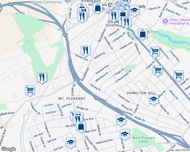 map of restaurants, bars, coffee shops, grocery stores, and more near 553 Summit Avenue in Schenectady