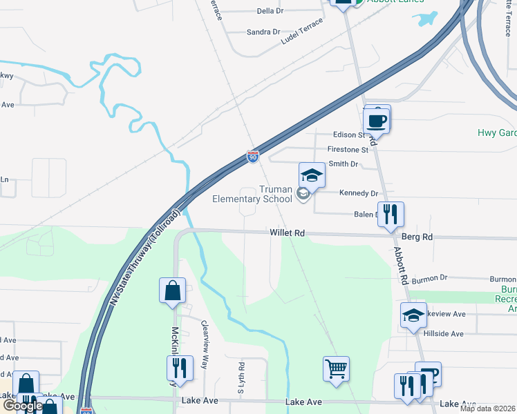 map of restaurants, bars, coffee shops, grocery stores, and more near 134 Circle Lane in Buffalo