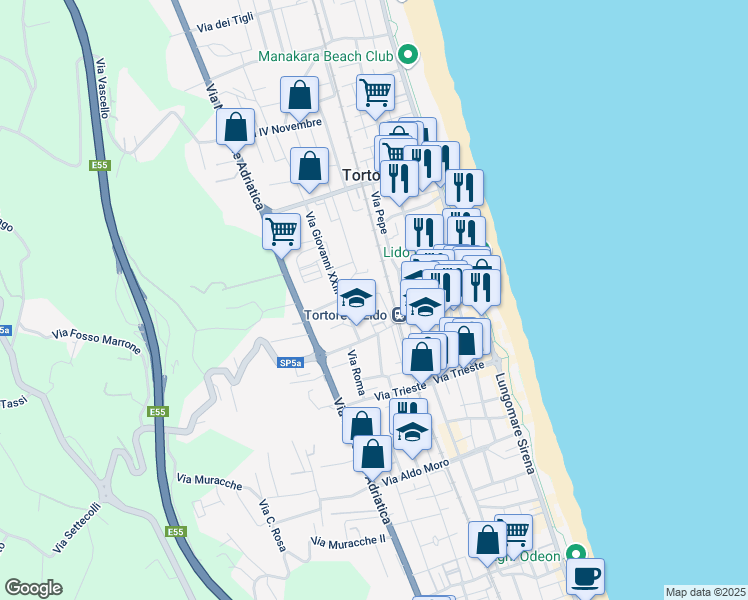 map of restaurants, bars, coffee shops, grocery stores, and more near 3 Via Galileo Galilei in Tortoreto Lido