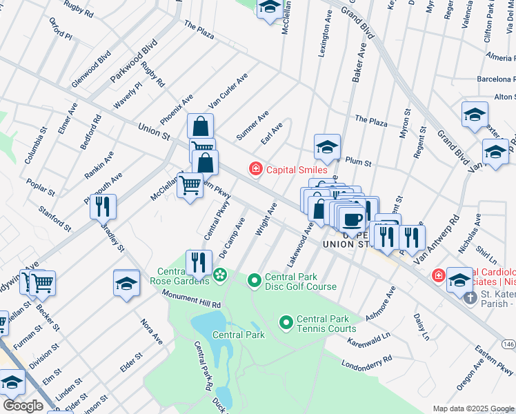 map of restaurants, bars, coffee shops, grocery stores, and more near 1765 Eastern Parkway in Schenectady