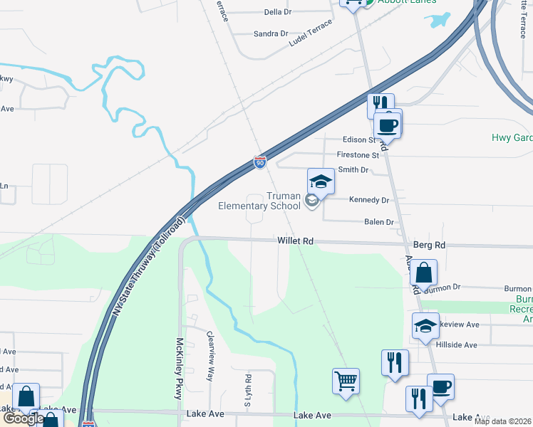 map of restaurants, bars, coffee shops, grocery stores, and more near 134 Circle Lane in Buffalo
