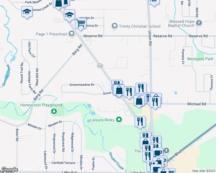 map of restaurants, bars, coffee shops, grocery stores, and more near 1717 Orchard Park Road in Buffalo
