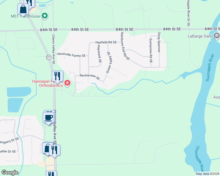 map of restaurants, bars, coffee shops, grocery stores, and more near 8715 Grainery Court Southeast in Caledonia