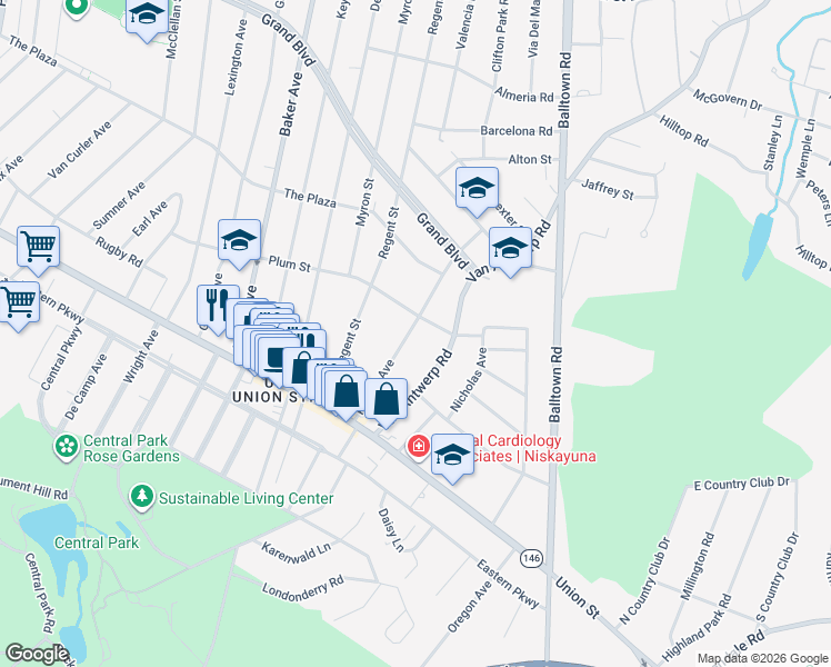 map of restaurants, bars, coffee shops, grocery stores, and more near 1079 Palmer Avenue in Schenectady County