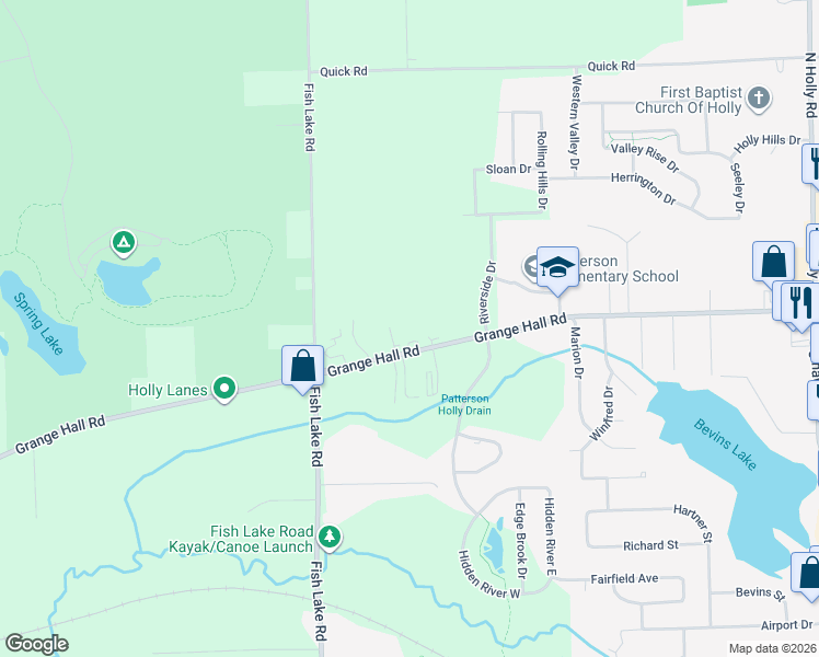 map of restaurants, bars, coffee shops, grocery stores, and more near 3075 Grange Hall Road in Holly
