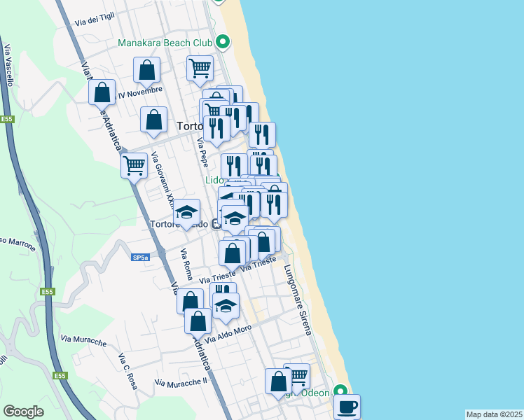 map of restaurants, bars, coffee shops, grocery stores, and more near 4 Via Giusti in Tortoreto Lido