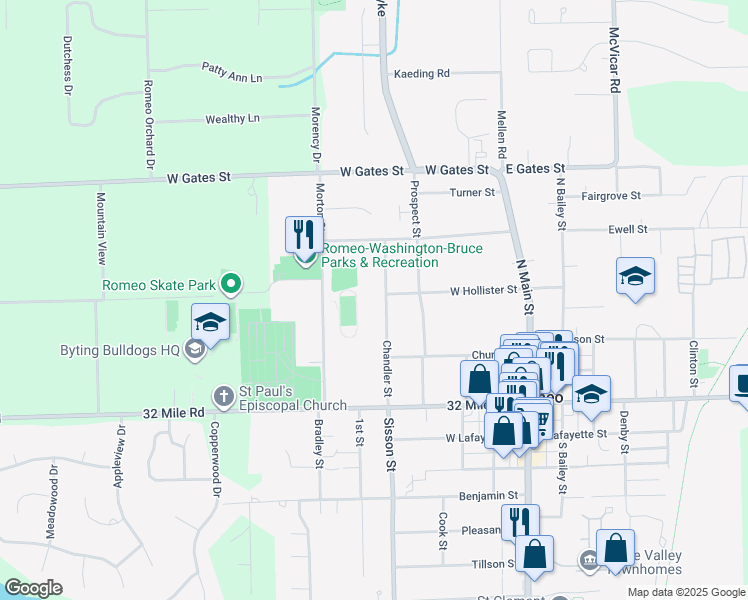 map of restaurants, bars, coffee shops, grocery stores, and more near 307 Chandler Street in Romeo
