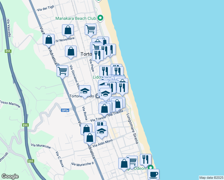 map of restaurants, bars, coffee shops, grocery stores, and more near 4 Via Giuseppe Giusti in Tortoreto Lido