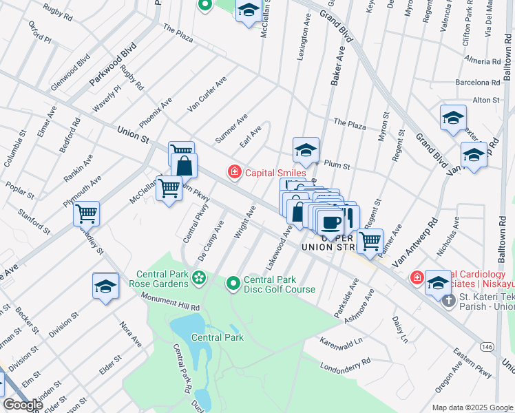 map of restaurants, bars, coffee shops, grocery stores, and more near 1578 Union Street in Schenectady