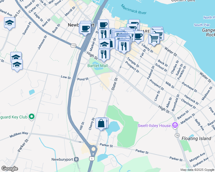 map of restaurants, bars, coffee shops, grocery stores, and more near 0 Greenleaf Street in Newburyport