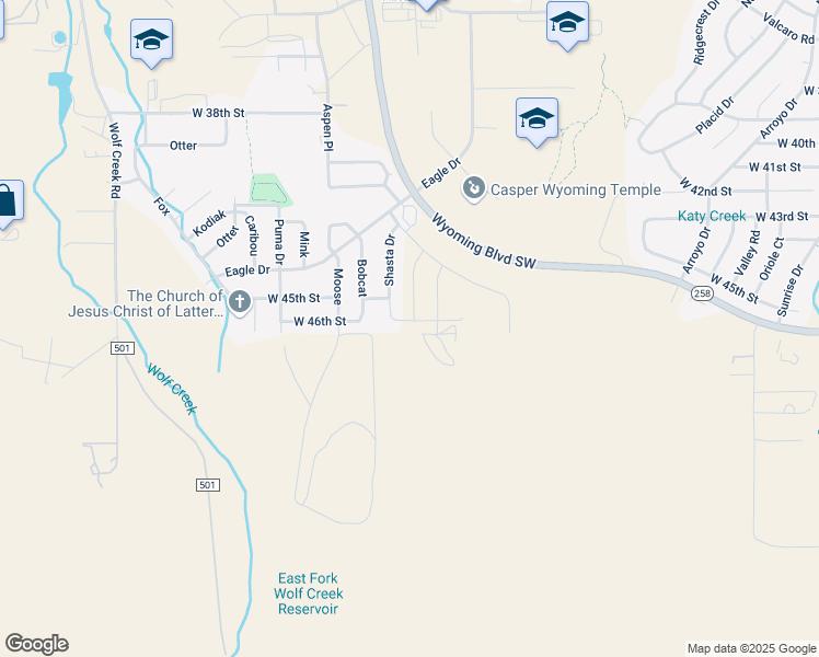 map of restaurants, bars, coffee shops, grocery stores, and more near 3431 West 46th Street in Casper