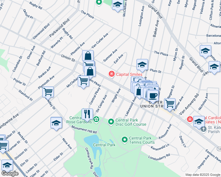 map of restaurants, bars, coffee shops, grocery stores, and more near 1765 Eastern Parkway in Schenectady