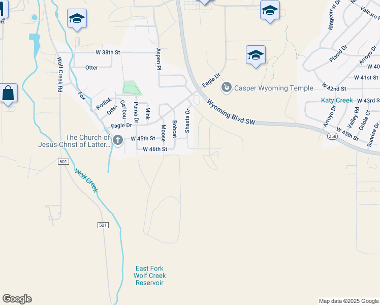 map of restaurants, bars, coffee shops, grocery stores, and more near 3431 West 46th Street in Casper