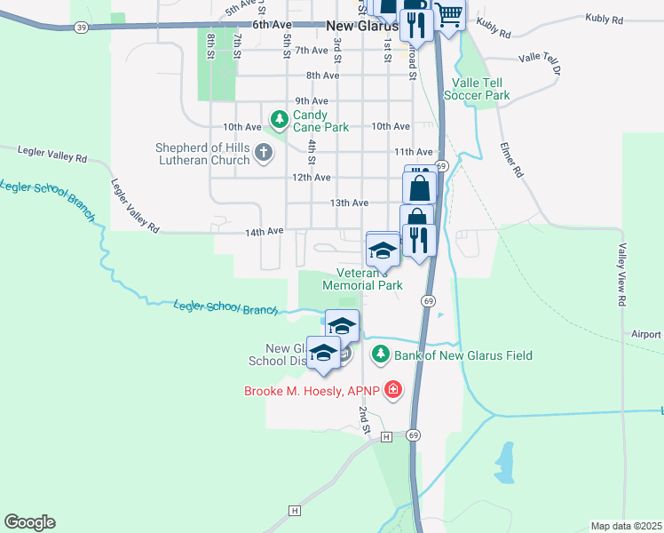 map of restaurants, bars, coffee shops, grocery stores, and more near 1419 2nd St in New Glarus