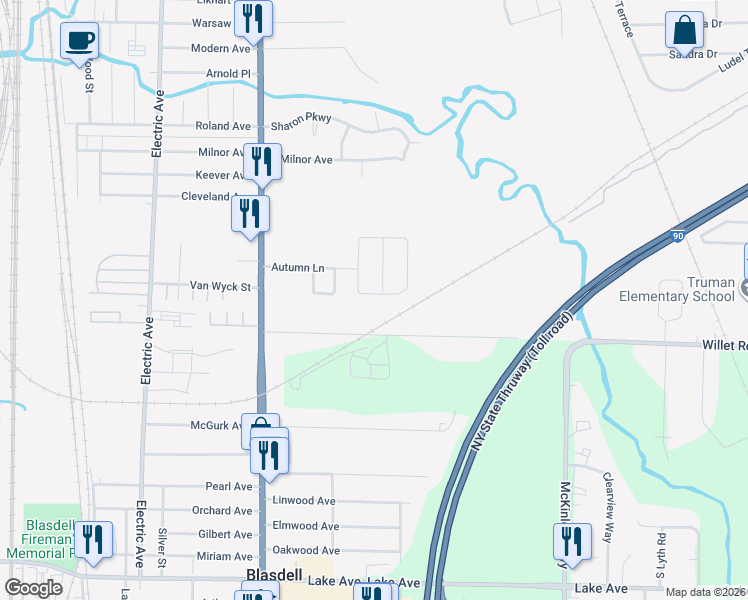 map of restaurants, bars, coffee shops, grocery stores, and more near 45 Highview Circle in Buffalo