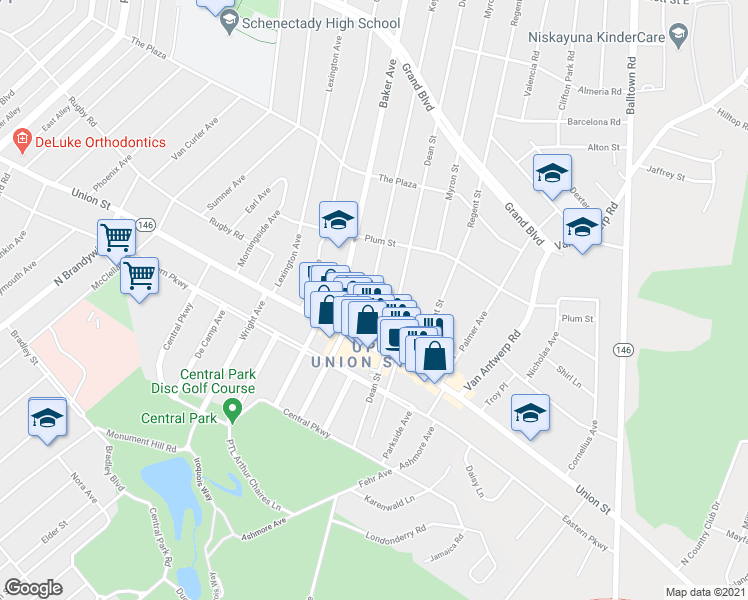 map of restaurants, bars, coffee shops, grocery stores, and more near 1042 Keyes Avenue in Schenectady